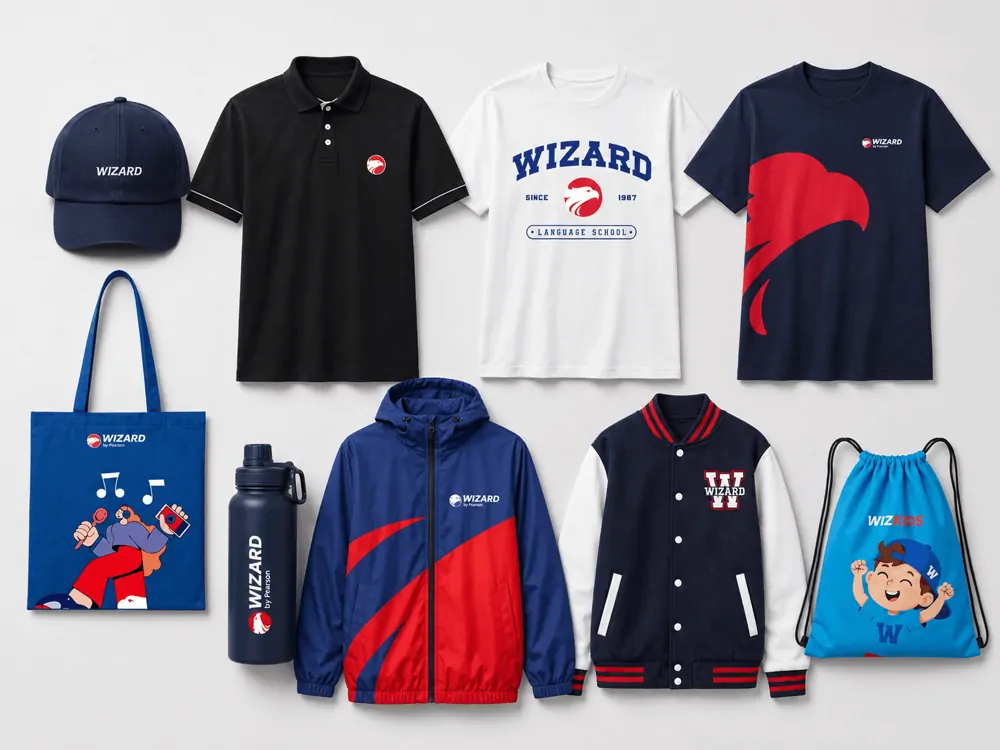Uniformes e brindes da Wizard by Pearson: camisetas, jaqueta, bonés, mochila e garrafas